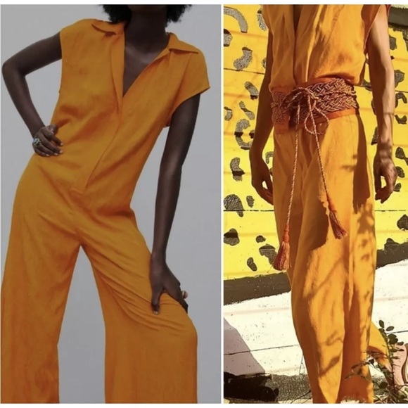 Zara NWT Women FULL LENGTH JACQUARD JUMPSUIT BLOGGERS FAV Orange/Yellow Medium - Picture 7 of 16
